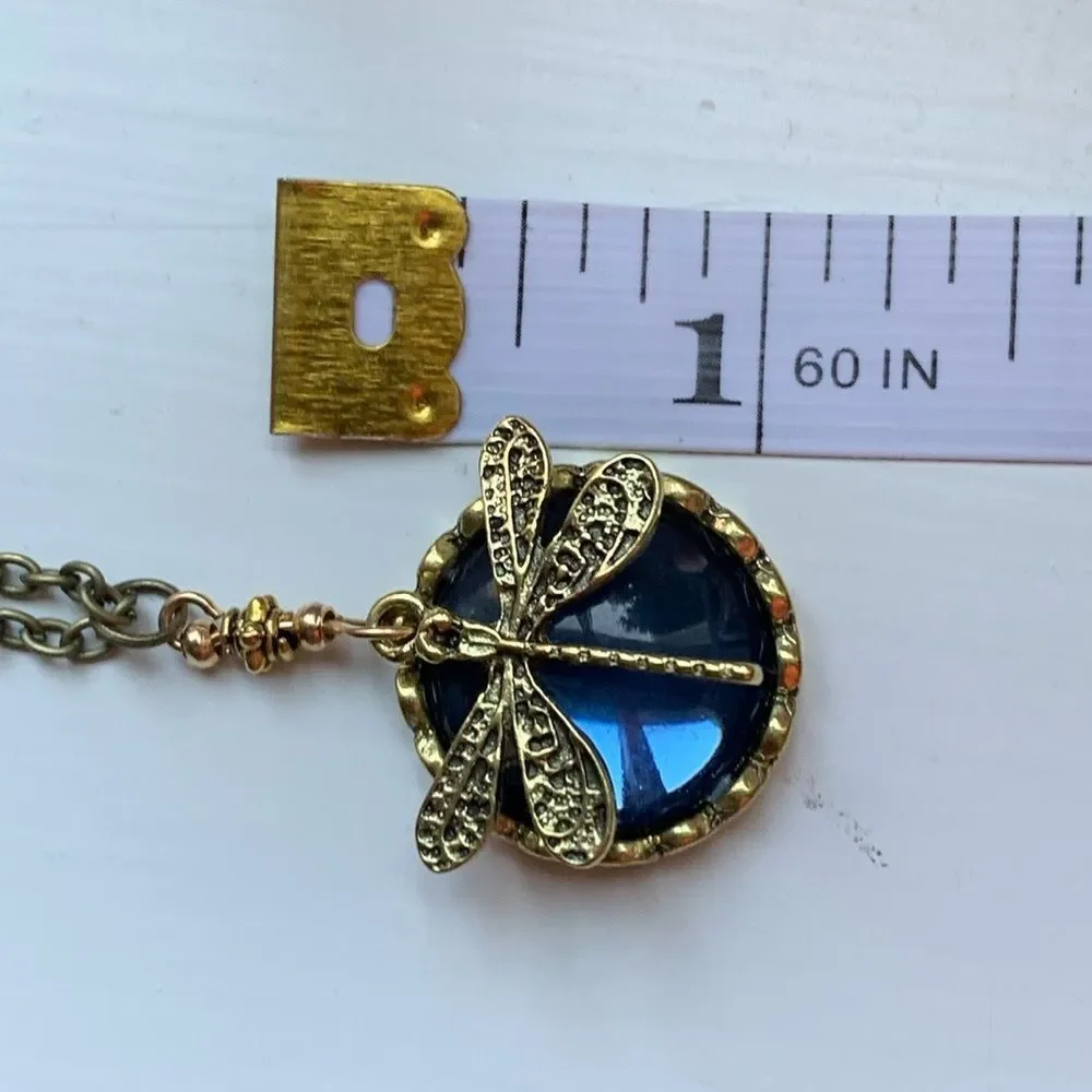 Blue Dragonfly Glass Pendant Necklace Victorian Garden Style